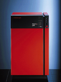 Der Bedienbereich des Gas-Spezial-Heizkessels und die verkleidete Kesseltechnik zeichnen sich dadurch aus, daß Farbe und Material voneinander abgesetzt sind. 1995 wurde der Heizkessel mit dem rotem Punkt für "Hohe Designqualität" des Design Zentrum Nordrhein-Westfalen ausgezeichnet. (Bild: Weißhaupt)