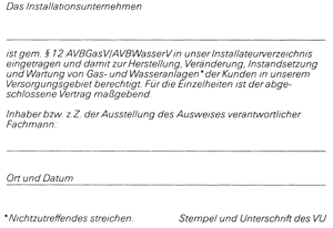Bild 6: Ausweis zur Eintragung eines Installationsunternehmens in ein Installateurverzeichnis eines Wasserversorgungs- unternehmens.