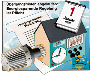 Verschiedene Umrüstfristen der Heizungsanlagen-Verordnung sind abgelaufen. Stichtag für Hausbesitzer: 1. Januar 1996. In den neuen Bundesländern müssen Zentralheizungen ab 1996 mit automatischer Regelung und Thermostatventilen ausgestattet sein. In den alten Bundesländern gilt die Nachrüstung nun auch für Ein- und Zweifamilienhäuser.