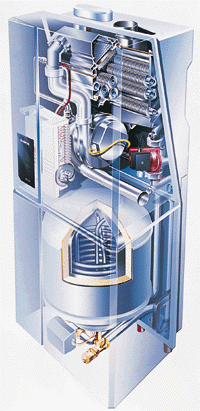 Bild 12: Brennwert-Wandheizkessel mit integriertem Brauchwasserspeicher (25 Liter). Die Brennerleistung moduliert bei diesem Modell zwischen 30 und 100%.