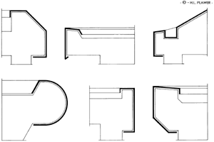 Schematische Schnitte praxisüblicher Ausführungsvarianten von Attika- und Dachrandbekleidungen in der Klempnertechnik zur Veranschaulichung des Prinzips.