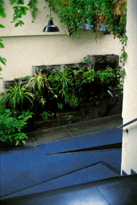 Bild 27: Ökohaus Frankfurt: Regenwassernutzung im Glashaus "Nord" - Wasserwand mit Kaskadenbecken zur Luftbefeuchtung.