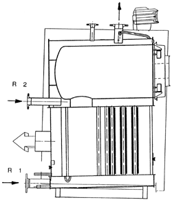 Bild 9: Prinzipschema eines stehenden Brennwertkessels (SB 605) mit zwei Rücklaufanschlüssen.