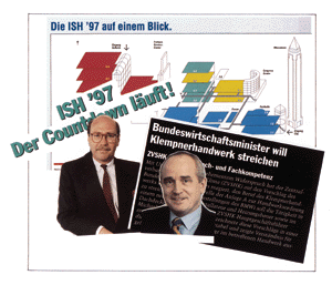 Bereits im Vorfeld der ISH schlugen die Wogen der Empörung hoch, als Pläne des Bundeswirtschaftsministers, das Klempnerhandwerk "zu streichen", bekannt wurden. Michael von Bock und Polach (links im Bild), Hauptgeschäftsführer ZVSHK, reagierte mit vehementem Widerspruch. Auch Dr. Michael Peters von der Messe Frankfurt (rechts) unterstützt die Belange des Klempnerhandwerks, indem er mit der Halle 6 ein breitgefächertes Forum innerhalb der ISH für die Klempnertechnik schuf. (Collage: IKZ-Haustechnik)
