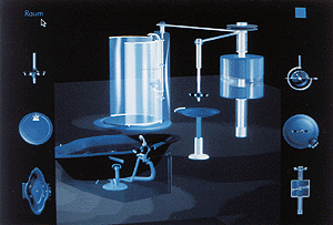 Einer der ersten Preise "Opaque Elements" von Tilmann Kerkhoff und Jojo Faubel, Designstudenten an der Gesamthochschule in Wuppertal. Das Foto zeigt die Benutzeroberfläche der auf CD-Rom eingereichten Arbeit.