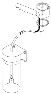 Bild 4: Schnitt des Spülmittelspenders von Bild 3. Der Behälterfaßt 750 ml und muß an zugänglicher Stelle, wenn auchentfernt (Schlauchlänge 1700 mm), montiert werden. (Bild: Damixa)