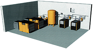Bild 1: Moderne Druckluftstation mit zwei luft- und ölgekühlten Schraubenkompressoren (links), Druckbehälter (Mitte), elektronischer Grundlastwechselschaltung (halbrechts) sowie zwei Druckluftkältetrocknern mit nachgeschalteter Mikro- und Aktivkohlefilterkombination (rechts). Die von den Kompressoren erwärmte Kühlluft wird jeweils durch einen Abluftkanal mit eingebauter Umluftjalousie für die Raumbeheizung im Winter abgeleitet. Ein zusätzlicher thermostatisch gesteuerter Lüfter (rechts) führt die von den Kältetrocknern erwärmte Kühlluft nach außen ab.