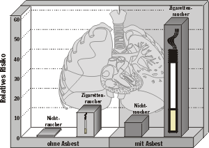 Bild 1: Gefährdungspotential Lungenkrebs durch Inhalation von Asbestfasern - Vergleich zwischen Raucher und Nichtraucher.