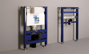 Die Vorwandinstallation: Geberit Duofix Montageelement für den Einbau in eine Ständerwand oder als Einzelelement in eine Vorwandinstallation im Trockenbau. Neu: die Geberit Artline Betätigungsplatte für 2-Mengen-Spülung.