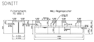 Schnitt durch die unterirdische Speicheranlage, Fassungsvermögen 70 m3. Werkzeichnung: MALLBETON