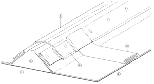 Bildlegende zu Bild 5 und 6: (1) Natursteinmauerwerk (2) Dreieckiges Firstholz (3) Kupfervorstoßblech (4) Saturnblei, 2 mm dick (5) Einfacher Liegefalz (6) Firstabdeckung (7) Dehnungsausgleich (8) Firstabdeckung