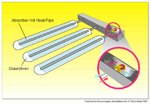 Bild 3: Vakuumröhrenkollektor (Heat-Pipe). (Quelle: Thermische Solaranlagen, Marktübersicht, (c) Öko-Institut 1997)