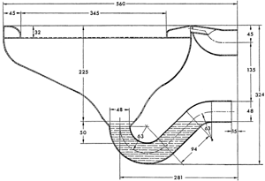 Bild 2: Wandhängendes Tiefspülklosett aus Edelstahl mit "Wassersparendem Rohrgeruchverschluß" DIN 50 (Rotter) DBP 195 11 127.