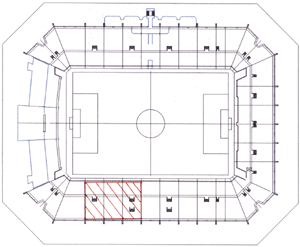 Bild 2: Schnittzeichnung der BayArena (Markierung der Meßfläche).