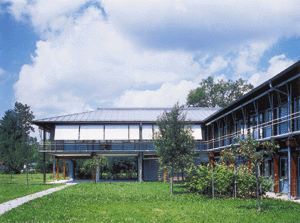 Teilansicht eines Gebäudeflügels: Die charakteristische Struktur des in Falztechnik gedeckten Metalldaches und die kräftige Horizontale des Lüftungsfirstes harmonieren mit dem Gesamtbild des Bauwerks.