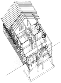 Schematische Darstellung der Bauwerksstruktur; unterhalb der Metalldachdeckung ist der hölzerne Dachstuhl und der durchlüftete Dachraum erkennbar.