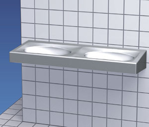 Die Reihenwaschanlage "Perfect" mit eingepressten, besonders großzügigen Becken wird in einem Stück aus Edelstahl gefertigt. Dieses Verfahren soll einen optimalen Schutz gegen Korrosion bieten.