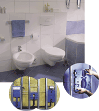 Hinter der Verfliesung verborgen: Die Vorwandinstallationstechnik "Friaplan". Für WC und Bidet bleibt viel Bewegungsfreiheit - funktionell und dekorativ ausgestattet mit Accessoires der neuen Hewi-Linie "440". Tragplatten plus Leerrahmen, das ist die Leichtbau-Variante. Das Einsetzen der Tragplatten ist an jeder Stelle des Tragwerks möglich. Auch hier sorgt Cliptechnik für schnelle Montagezeiten. Für räumliche Tiefe beim Tragwerk sorgt der bis zu 250 mm verstellbare Abstandhalter. Alle Friaplan-Elemente sind auch vormontiert lieferbar.