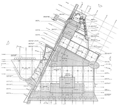 Der "Master Roof Plan", d.h., die von den Architekten erstellte Aufsichtzeichnung der einzelnen Dachpartien, zeigt die Anordnung der Scharen und die Umrisse der metallgedeckten Flächen (Zeichnung: JASMAX Architects, Auckland NZ).