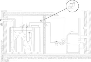 Bild 6: Systemdarstellung mit Magnetventil "Oilstop MV"; Einstrangsystem, automatische Entlüftung und Rücklaufzuführung, oberirdische Lagerung.