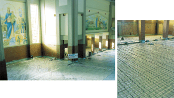 Einblick in die Basilika Maria-Hilf in Turin. Zu sehen ist das SST Vari-M, das Fußboden- heizungssystem von Seppelfricke Systemtechnik, bestehend aus Wärmedämmung, PE-Folie, Vari-Matten mit Clipsen und dem PE-Xc-Rohr.