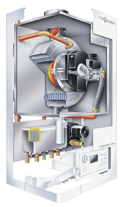 Bild 4: Viessmann Vitodens 200 mit MatriX-Kompaktbrenner. Großflächige Verbrennung, modulierende Betriebsweise mit drehzahlgeregeltem Gebläse und schallgedämpftes Luftgehäuse sorgen für niedrige Schallemissionen.