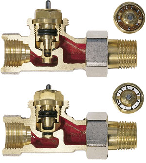 Bild 6: Je nach erforderlicher Wassermenge sollte man ein stufenlos voreinstellbares Thermostatventil (oben) oder ein stufenlos voreinstellbares Thermostatventil für kleine Wassermengen (unten) einsetzen.