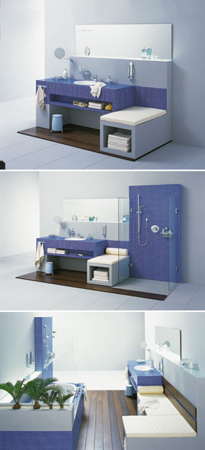 Die Ausstellungsinszenierung der Hansa/HEWI-Kooperation gibt es in drei Größen: Das Modell Mini mit 3 m2 Fläche (oben), das Wellness-Bad Midi mit 5 m2 Fläche (Mitte) und das Modell Maxi mit 11 m2 Fläche (unten).