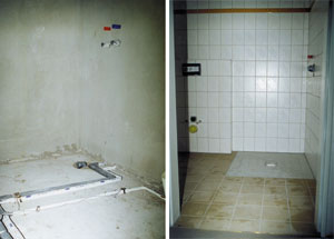 Installation vor ... und nach dem Einbau des bodengleichen Duschablaufsystems.