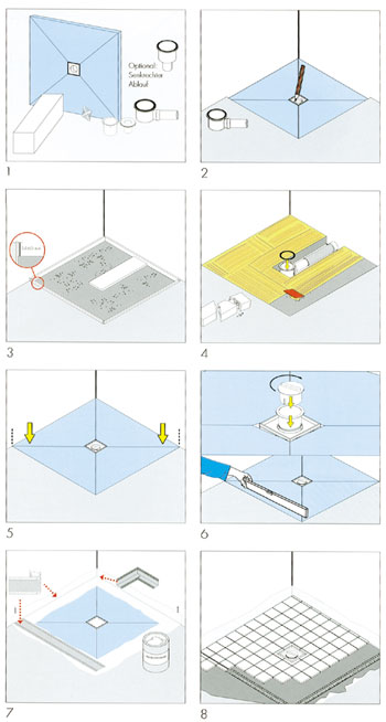 Poresta®-BF ist in den Größen 800 x 800 mm bis 1500 x 1500 mm sowie in Sondermaßen lieferbar. Montageplan (1 - 8): die Installation der Hartschaum-Elemente.