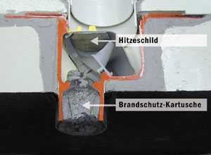 Bild 9: Die ACO Passavant Brandschutz-Kartusche im Stutzen des Bodenablaufes nach dem Brand. Es hat sich ein Verschluss gebildet, der den höchsten Brandschutzanforderungen genügt.