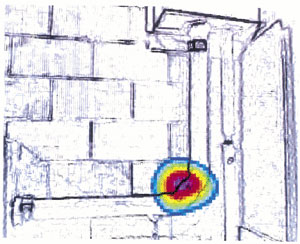 Die in Jona in der Labortechnik benutzte Akustikkamera liefert hochgerechnete Bilder von Schallquellen: wie oben abgebildet am Praxisbeispiel eines Abwasserleitungsverlaufs mit 2 x 45° Bogen NW 100.