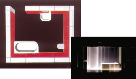Sonderpreise für "living the bath" und "interactive": Lichtmodule als Wand- oder Trennflächen (links) sowie Multimedialität und transparente Materialien.