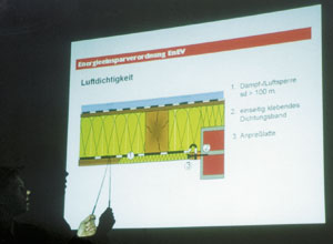 Ein Knackpunkt bei der Umsetzung der EnEV ist die Herstellung der Luftdichtigkeit bei Gebäuden (Test über Blower Door Verfahren). Detail: Anbringung der Dampf- und Luftsperre zum Mauerwerk.