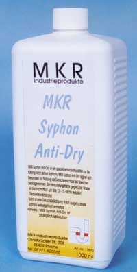 Für den Fall, dass kein steter Wasserzufluss erfolgt, bietet MKR ein speziell entwickeltes Mittel zur Befüllung des Siphons. Es soll verhindern, dass der Siphon austrocknet und Kanalgase in den Aufstellraum dringen.