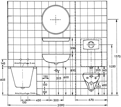Fliesen-Installationszeichnung: Tiefspülklosett mit Wandeinbauspülkasten (Hersteller SANIT) für Betätigung von vorn, einstellbar für Einmengenspülung 2,0 und 3,0 Liter.