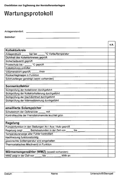Wartungsprotokoll aus der DKI-Informationsschrift i 160.