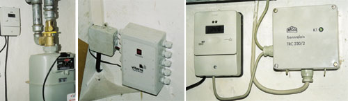 Bausteine des Systems: Gaszähler mit Impuls Modul, Bus-Switcher und Trennrelais.