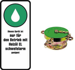 Aufkleber und Heizöl-Füllrohrverschluss für Geräte, die laut Herstellerangaben nur mit Heizöl EL schwefelarm betrieben werden dürfen.