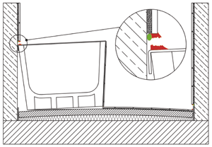 Bild 8: Hartschaumträger nach Absenkung auf dem konvex verformten Estrich und Abriss der Anschlussfuge an der Wanne und der Randfuge (Darstellung ohne Flächenabdichtung).