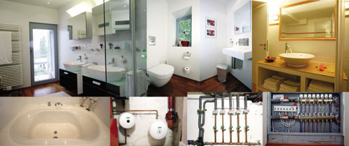 Stark gemacht: Bei der Badezimmerausstattung kamen alle drei Philippe Starck-Editionen von Duravit zur Geltung. Zwischen Sauna und separater Toilette fand die Hoesch-Spectra ihren Platz. Über Roth-Verteilerkästen wird die Fußbodenheizung geregelt. Die Kaltwasserleitungen sind aus flexiblen Roth-Verbundrohren. Der Heizkessel wurde mit Reflex-Ausdehnungsgefäßen und einer Oventrop-Regelungseinheit ausgestattet.