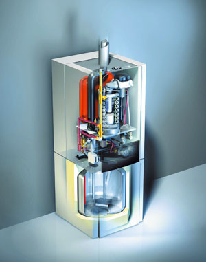 Bild 2: Gasbrennwertgerät mit integriertem Schichtenspeicher und luftumspülter Brennkammer.