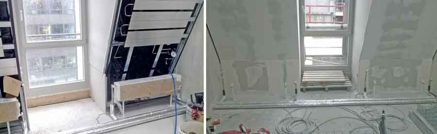 In den Räumen sind die technischen Anlagen in den Schränken, Wänden und Zwischendecken versteckt installiert, lediglich die statischen Heizflächen, die Bodentanks der ELT und die Lüftungsauslässe lassen ein hoch technisiertes Gebäude erkennen.