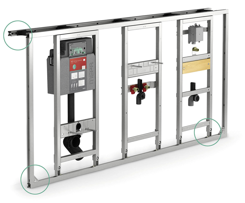 „VariVIT“-Schienenmontage mit Rasterwandwinkeln und Eckverbindern sowie rutschhemmender Stellfuß-Höhenverstellung im sehr großen Bereich. Bild: MEPA