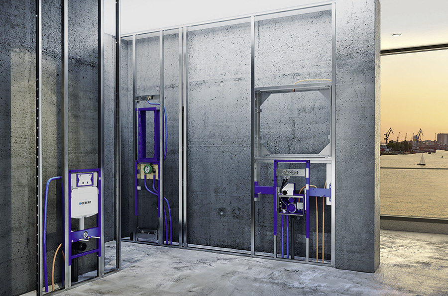 Neu entwickelte Montageelemente für den Waschtisch, den Spiegel­schrank, die Duschabtrennung und die Nischenablagebox für die Dusche können in das Installationssystem integriert werden. Bild: Geberit