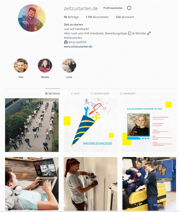 Was gibt es Neues? Via Instagram zeigen Praktiker, was im Job gerade läuft oder welche Perspektiven sich im SHK-Handwerk eröffnen. Das Webportal zeitzustarten.de bietet alle Basisinformationen zu den SHK-Gewerken. Bild: ZVSHK