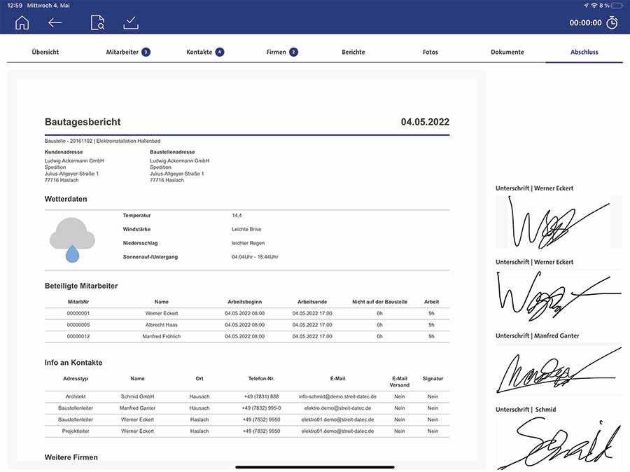 Gegebenenfalls werden fertige Bautagesberichte vor Abschluss auf dem ­mobilen Endgerät signiert. Bild: Streit Datentechnik