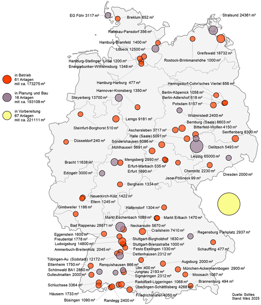 Standorte und (geplante) Größenordnung solarer Nah- und Fernwärme in Deutschland bis März 2025. Bild: Solites