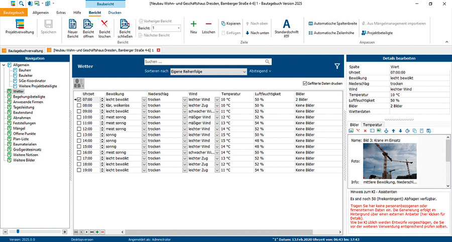 Dialog im Bautagebuch zur Auswahl KI-generierter Wetterdaten. Bild: Weise Software