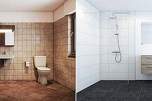 Vorher-Nachher-Effekt: Bei einer erhöhten Duschwanne fehlt für eine barrierefreie Modernisierung häufig das Gefälle. Im modernisierten barrierefreien Bad wurde dafür die Duschrinne „CeraWall Connect“ von Dallmer verwendet. (Dallmer GmbH + Co. KG)